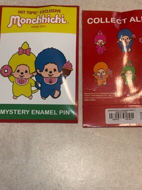 NWT set of 2 Monchhichi Mystery Enamel Pin, blind bags, Hot Topic exclusive
